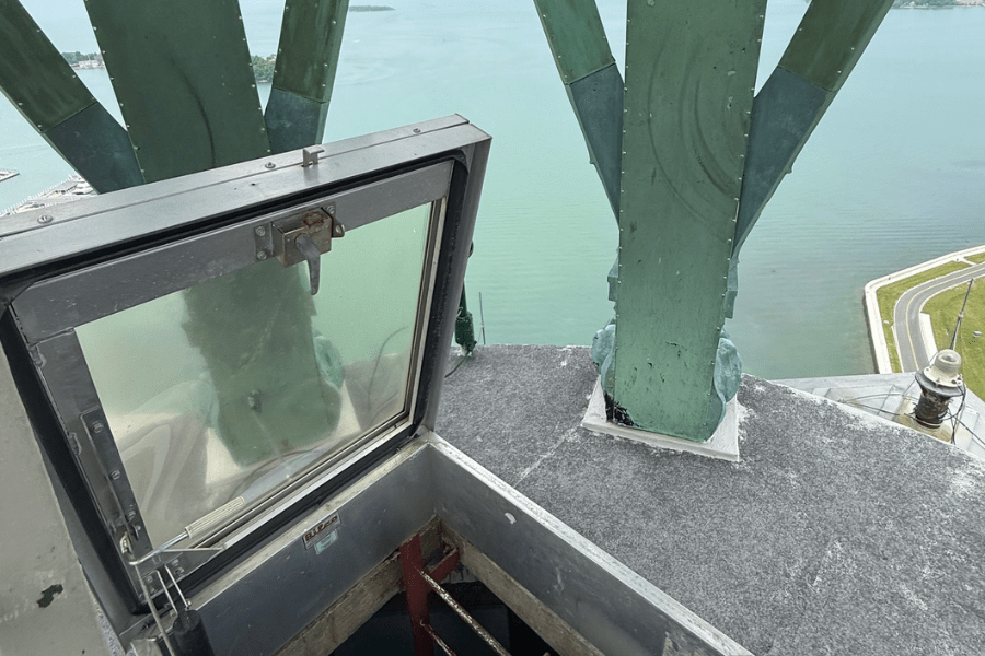 A picture of the open hatch atop Perry's Monument, where the team has to go to do maintenance on two cameras