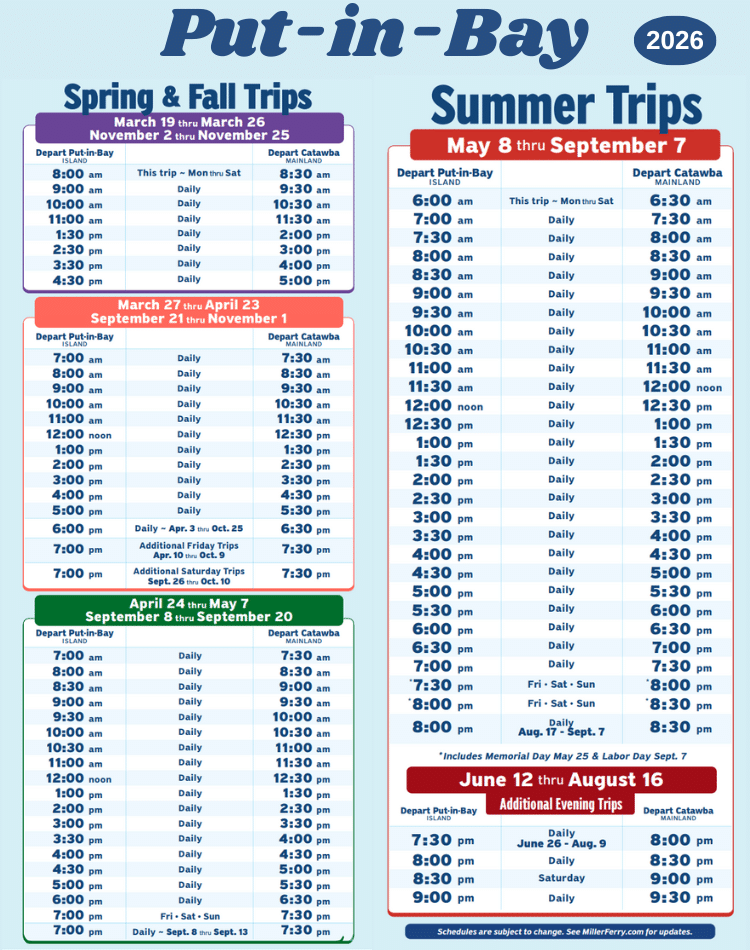 Miller Ferry 2026 Schedule of Put-in-Bay service