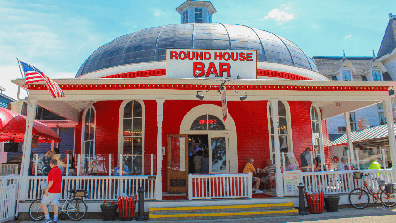 2 The front of the Round House Bar at Put-in-Bay with the Whiskey Light illuminated in the front window.